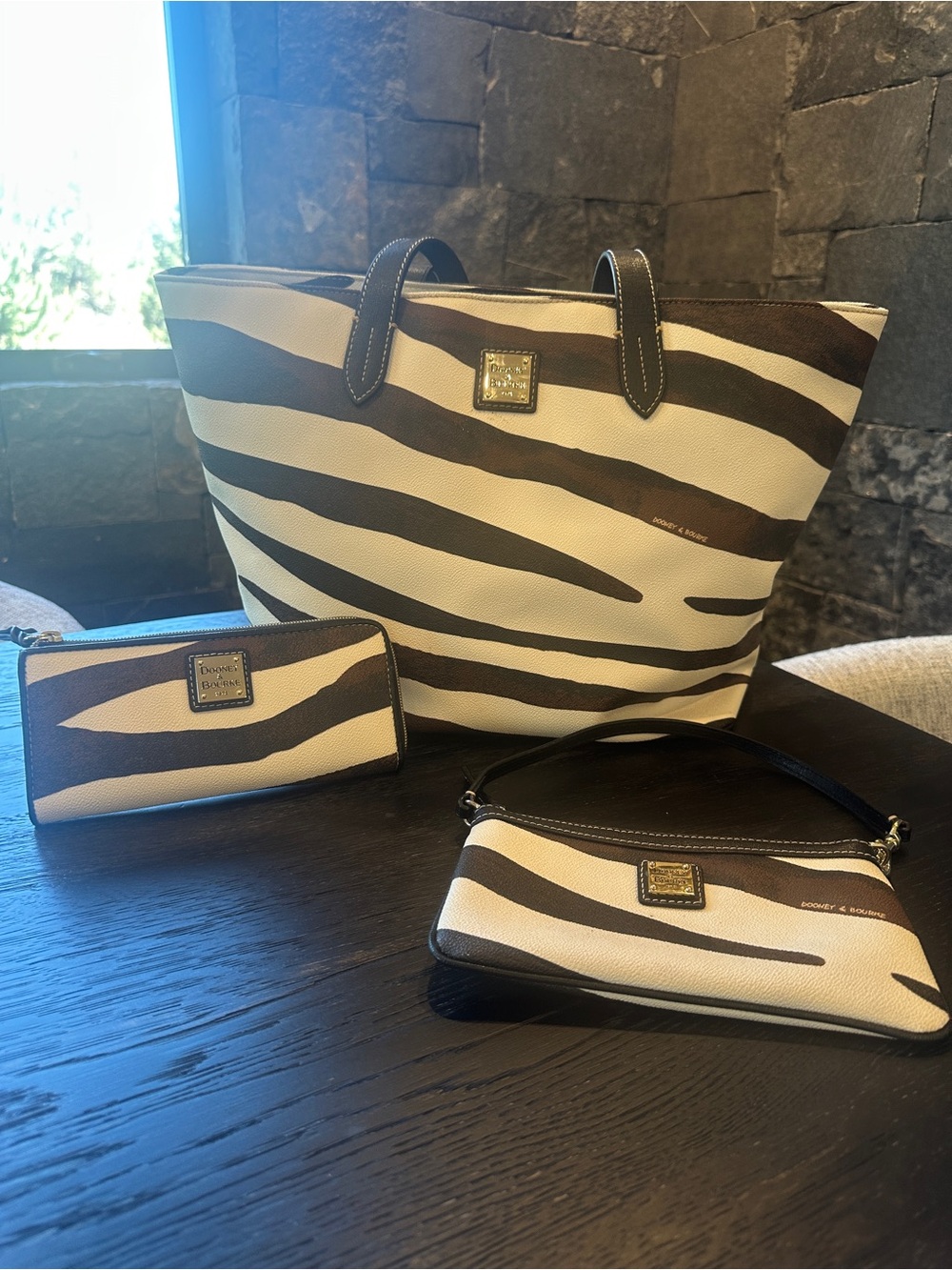 Dooney & Bourke Brown and Cream Zebra Print Tote with Wristlet and Wallet
